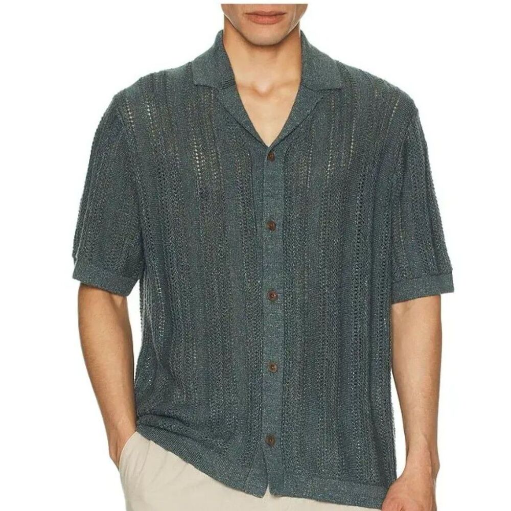 VINCE Men’s Desert Texture Stripe Cabana Shirt in Marlin Teal - S